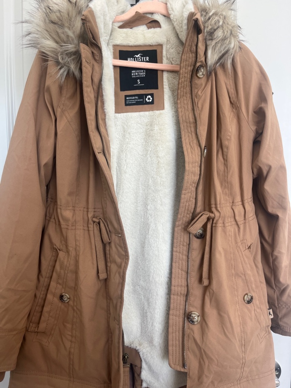 Hollister Tan Hooded Parka with Faux Fur Trim